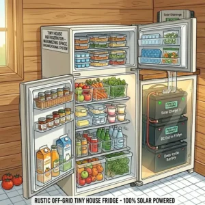 A mint green vintage-style tiny house fridge adding a pop of color to a rustic wood interior.