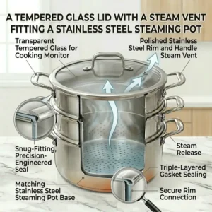 Illustration of the tempered glass lid with a steam vent designed for this stainless steel steaming pot.