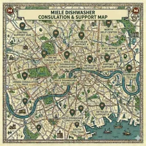 An illustration of an expert consultant helping a customer decide where to buy a Miele dishwasher based on custom kitchen needs.