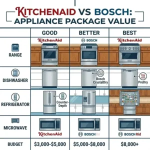 Value and pricing tiers for complete appliance packages from kitchenaid vs bosch.