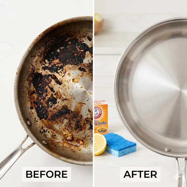A professional before and after comparison showing how to clean burnt pan without ruining it using natural household ingredients.