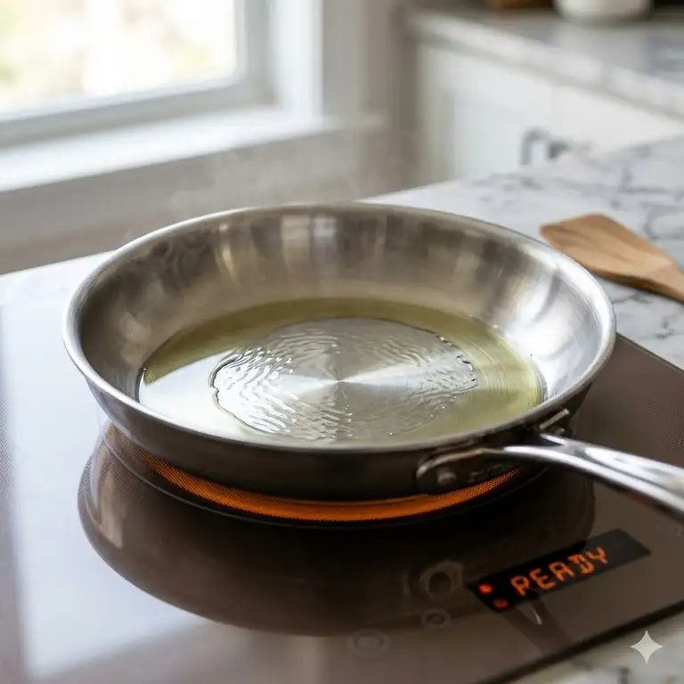 A professional chef showing how to preheat pan correctly for cooking on a modern induction stove.