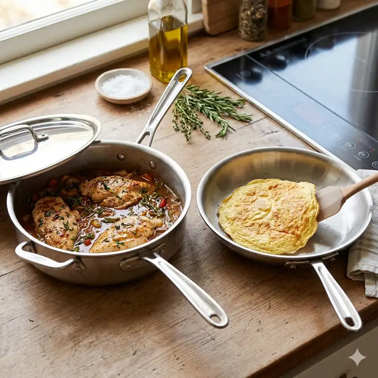 A side-by-side comparison explaining how to use saute pan vs frying pan for different cooking techniques on a kitchen counter.