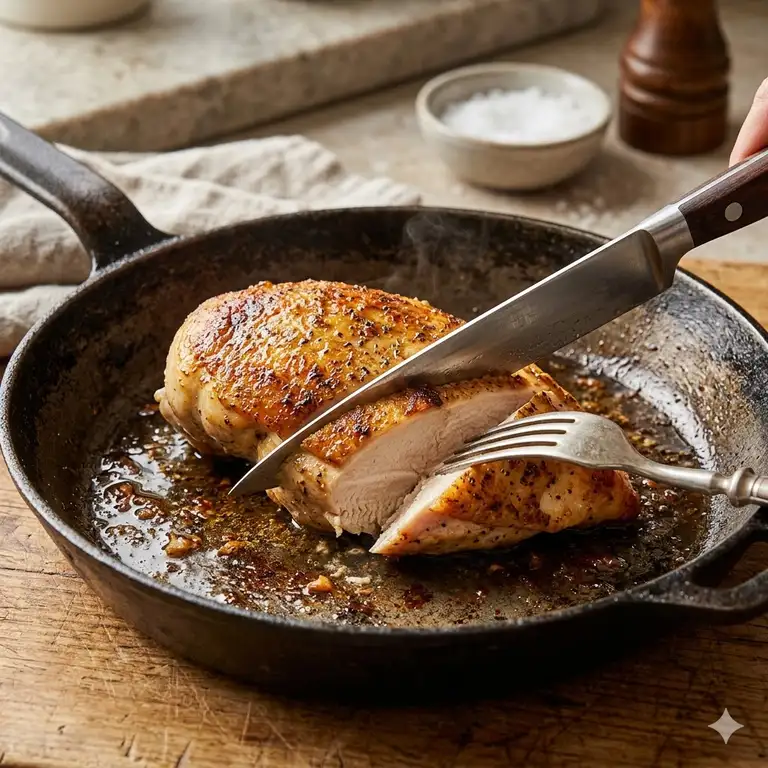 A professional shot showing how to cook chicken in frying pan juicy with golden-brown skin.