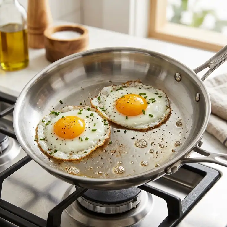 Featured Image: A perfect sunny-side-up dish showing how to cook eggs in stainless steel pan without sticking.