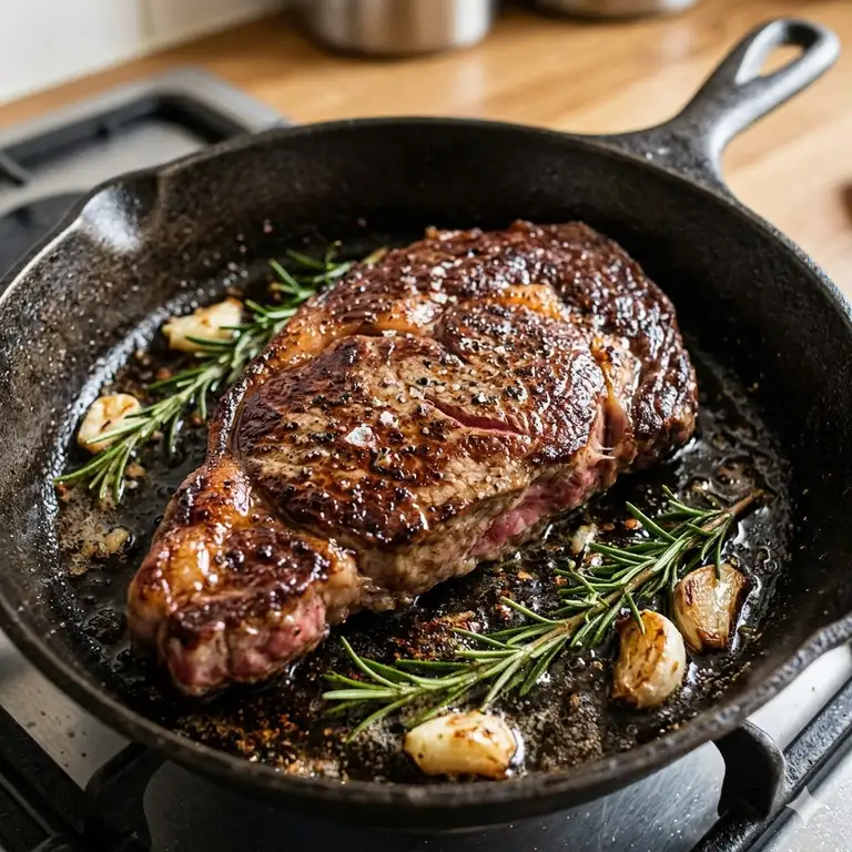 A delicious finished ribeye showing how to cook steak in cast iron pan step by step with butter and herbs.