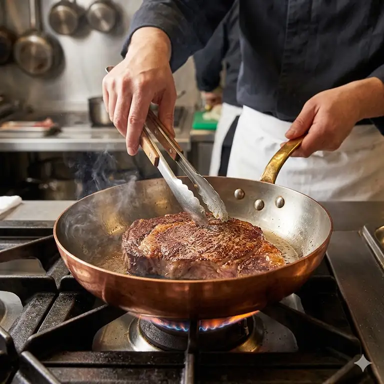 A professional chef searing a steak to demonstrate how to cook with copper pan properly in a high-end kitchen.