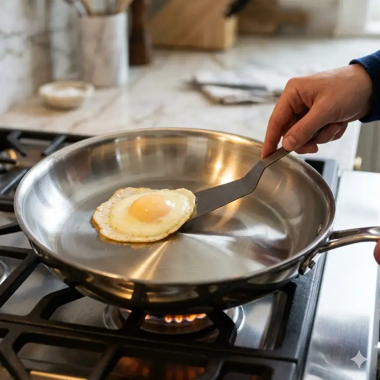 A professional chef demonstrating how to season a stainless steel pan properly with a non-stick fried egg.