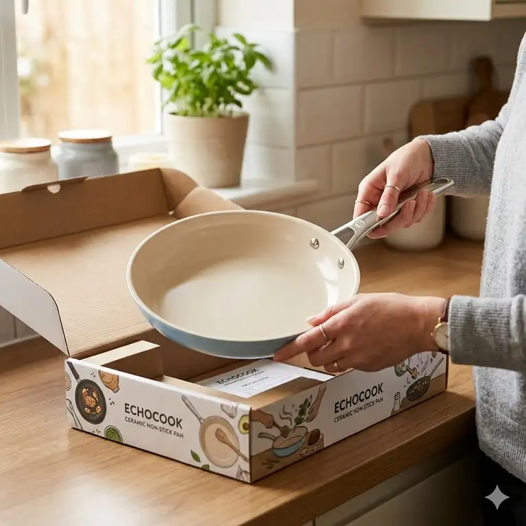 A high-quality shot of a new skillet showing how to use ceramic pan first time.