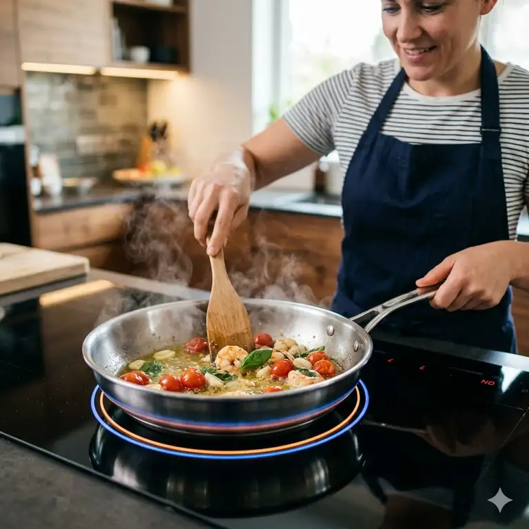 A professional chef demonstrating how to use induction cookware correctly on a glass stove.