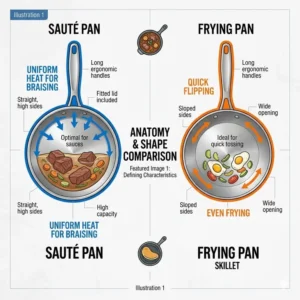 A detailed anatomy diagram illustrating how to use saute pan vs frying pan by showing the difference between straight and sloped sides.
