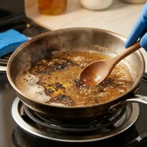 Simmering soapy water on a stovetop as the first step in learning how to clean burnt pan without ruining it effectively.
