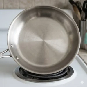 An empty stainless steel skillet on a burner to demonstrate the first step of how to preheat pan correctly for cooking.