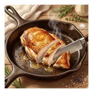 Essential kitchen tools and a skillet used for how to cook chicken in frying pan juicy.
