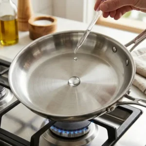 Illustration 1: Performing the Leidenfrost water test to learn how to cook eggs in stainless steel pan at the right temperature.