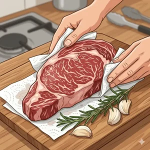 Drying the meat as the first stage of how to cook steak in cast iron pan step by step for a perfect crust.