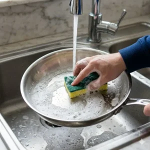 Washing and scrubbing the surface as the first step of how to season a stainless steel pan properly