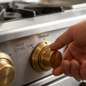 A close-up of a stovetop dial set to medium heat, showing how to cook with copper pan properly by managing temperature.