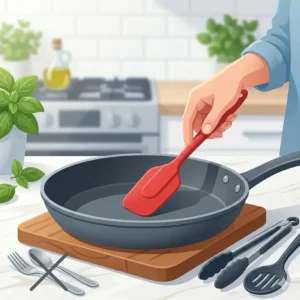 Using a silicone spatula as a key step in how to use nonstick pan safely without damage.