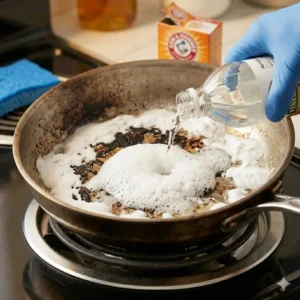 A fizzing reaction of baking soda and vinegar illustrating how to clean burnt pan without ruining it by lifting tough stains.