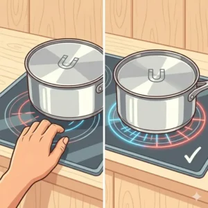 A diagram showing the proper way to center a pot when learning how to use induction cookware correctly.