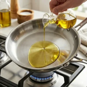 Illustration 2: Adding cooking oil to a preheated skillet, a key step in how to cook eggs in stainless steel pan.
