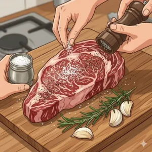 Adding salt and pepper while following the guide on how to cook steak in cast iron pan step by step.