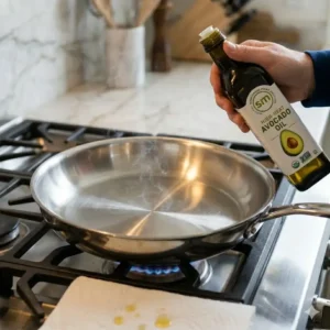 Selecting high-smoke point avocado oil to learn how to season a stainless steel pan properly.