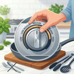 Setting the stove to medium heat to demonstrate how to use nonstick pan safely without damage.