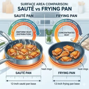 A graphic showing cooking surface area differences to help you decide how to use saute pan vs frying pan when searing large portions.