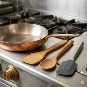 Wooden and silicone tools placed next to cookware to illustrate how to cook with copper pan properly without scratching the surface.