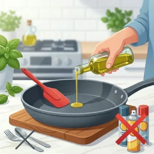 Pouring liquid oil instead of aerosol sprays to show how to use nonstick pan safely without damage.