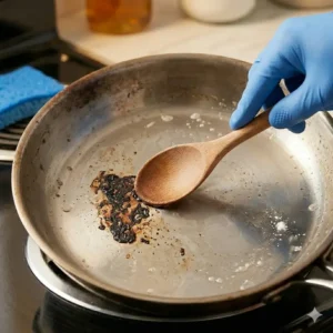 Using a wooden spoon to show a gentle technique on how to clean burnt pan without ruining it without scratching the metal.