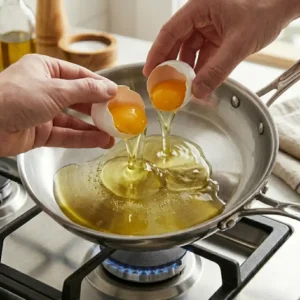 Illustration 3: Cracking fresh eggs into the skillet while following the guide on how to cook eggs in stainless steel pan.