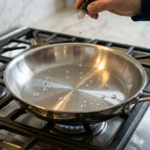 Performing the water drop test to understand how to season a stainless steel pan properly at the right temperature.