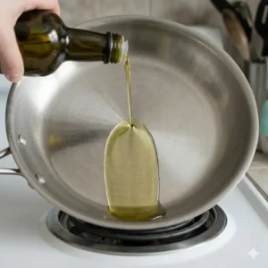 Carefully adding oil to a hot skillet after learning how to preheat pan correctly for cooking at the right temperature.
