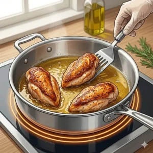 A close-up demonstration of how to use saute pan vs frying pan for searing meat without oil splatter due to high walls.