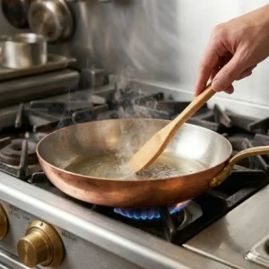 Adding fresh ingredients to a hot skillet to show how to cook with copper pan properly using the sizzle test.