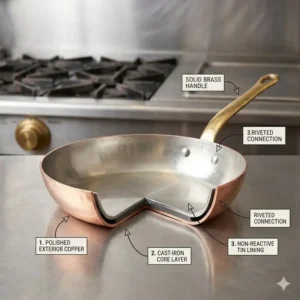 A detailed cross-section diagram of cookware layers explaining how to cook with copper pan properly based on its construction.