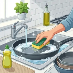 Gently hand washing a skillet to explain how to use nonstick pan safely without damage.