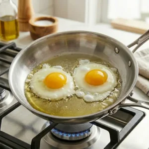 Illustration 4: The egg whites setting perfectly as you master how to cook eggs in stainless steel pan.