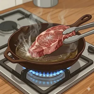 Searing the meat in a hot skillet, demonstrating how to cook steak in cast iron pan step by step technique.