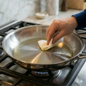 Spreading a thin layer of oil inside the skillet while following steps on how to season a stainless steel pan properly.