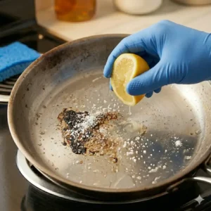 Applying lemon and coarse salt as a natural abrasive method for how to clean burnt pan without ruining it safely.