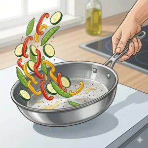 An action shot of tossing vegetables to show how to use saute pan vs frying pan effectively for stir-frying and flipping.