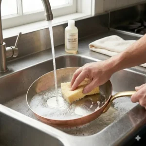 Hand-washing a skillet with a soft sponge and gentle soap to teach how to cook with copper pan properly and maintain it.