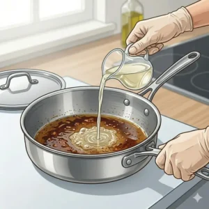 A chef deglazing a pan to make a sauce, showcasing how to use saute pan vs frying pan when liquids and simmering are involved.