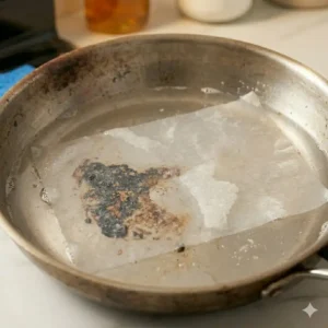 A dryer sheet soaking in warm water inside a skillet, a surprising hack on how to clean burnt pan without ruining it overnight.