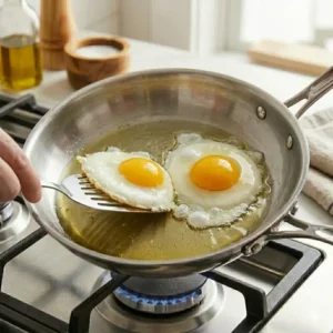 Illustration 5: Using a metal spatula to slide under the food, demonstrating how to cook eggs in stainless steel pan effectively.