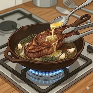Basting with garlic butter to master how to cook steak in cast iron pan step by step for maximum flavor.